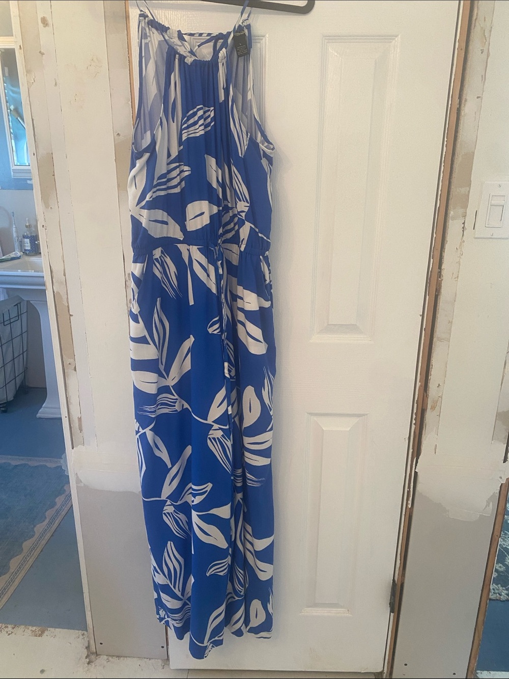 Blue & White Halter-Style Wide-Leg Jumpsuit